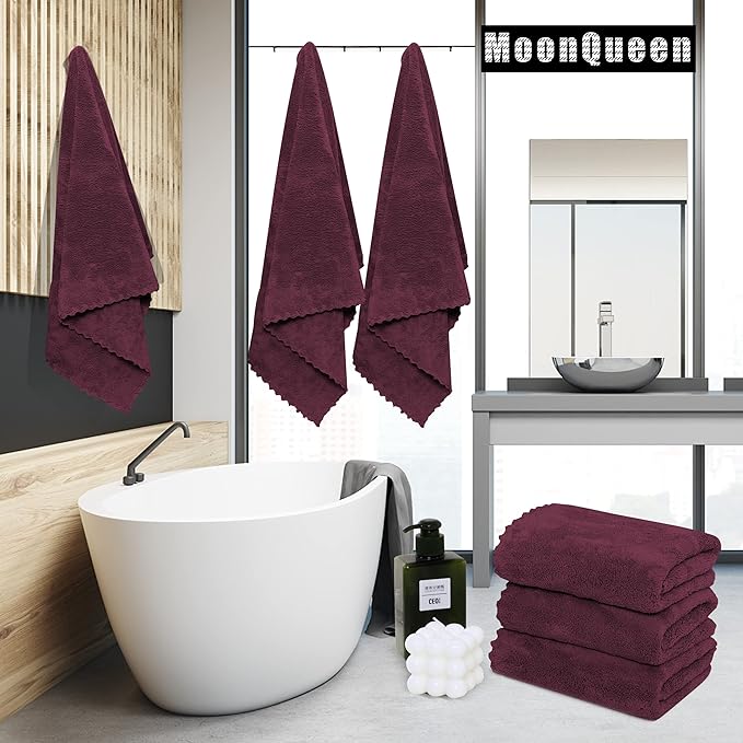 MOONQUEEN 6 Pack Premium Bath Towel Set - Quick Drying - Microfiber Coral Velvet Highly Absorbent Towels - Multipurpose Use as Bath Fitness, Bathroom, Shower, Sports, Yoga Towel (Burgundy)