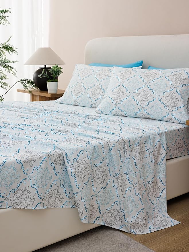 Queen Size Bed Sheets Set Deep Pockets - 6PC Floral Ultra Soft Microfiber Bed Sheets - Easy to Clean, 90 Thread Count Sheets with Fitted Sheet, Flat Sheet & Pillowcases (Turquoise Medallion)
