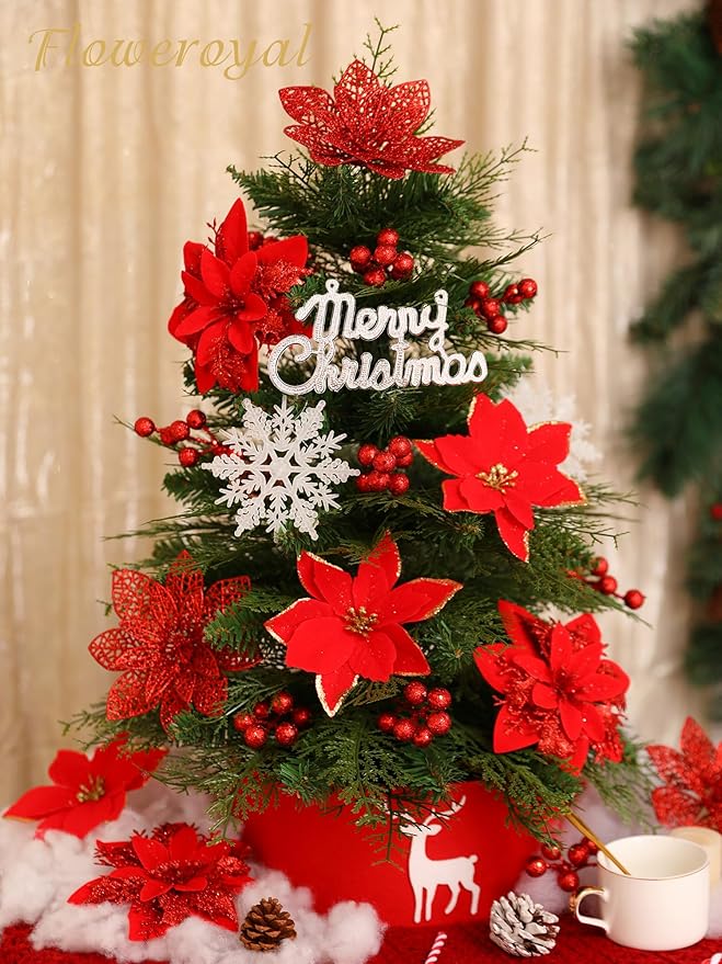 Floweroyal 60pcs Poinsettia Artificial Christmas Flowers Decorations with Clips and Berry Stems Glitter Ornaments for Christmas Tree Wreath Fireplace Stairs Decor (Red-3 Styles)