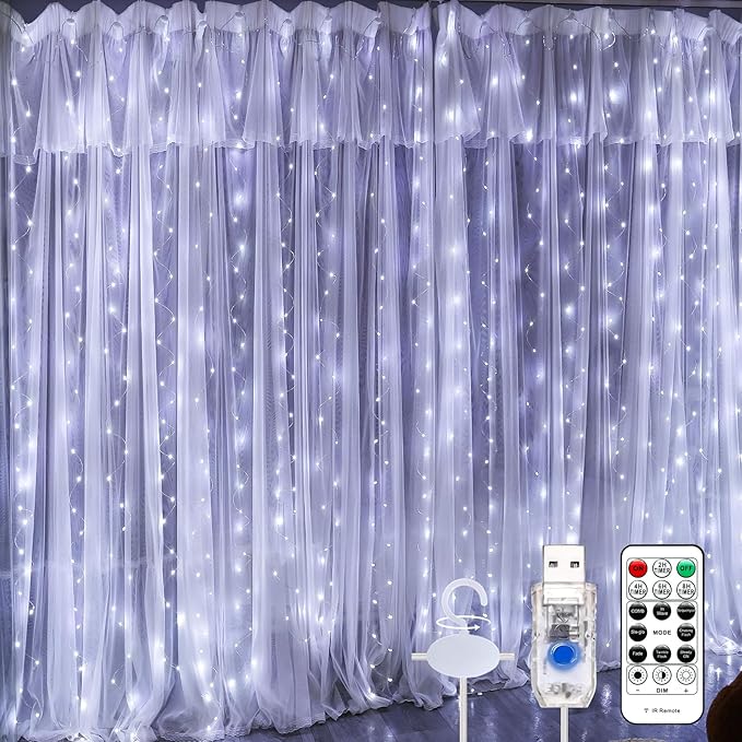 600LED White Curtain Lights for Bedroom, 19.6ft x 9.8ft Fairy Curtain String Light with 24 Hooks, 8 Modes Hanging Lights for Wedding, Party, Backdrop, Window, Xmas Decor