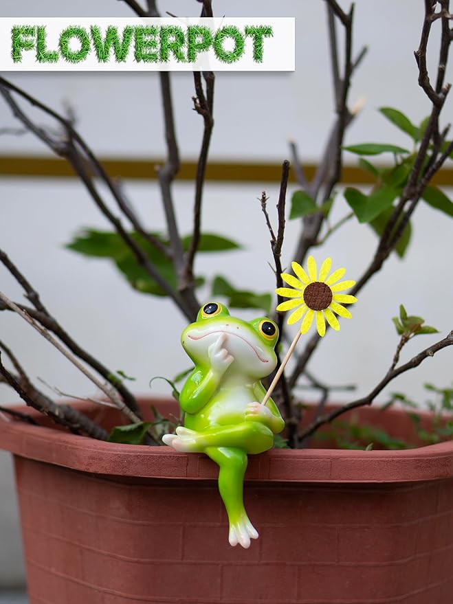 Frog Figurine, Funny Frog Statue with Removable Flower, DIY Customizable Office Home Decor for Living Room Shelf Desk Accessories, Outdoor Yard Garden Decorations, Birthday Gifts for Women