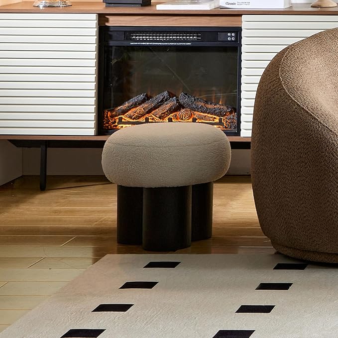Mushroom Foot Stool, Round Teddy Fabric Ottoman with Non-Skid Legs, Small Footrest for Under Desk, Sofa Couch, Shoe Changing at Entrance, Living Room Bedroom Office (White & Black)