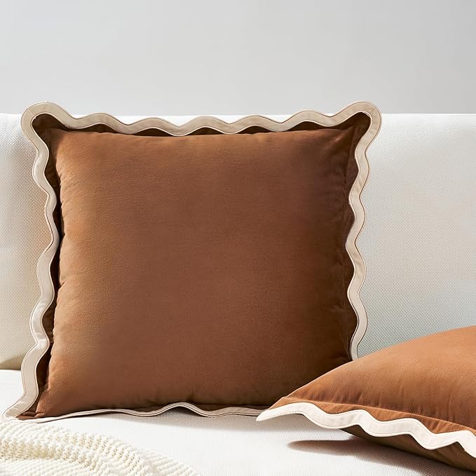 MONDAY MOOSE Decorative Throw Pillow Covers Cushion Cases, Set of 2 Soft Velvet Scalloped Wavy Edge Designs, Mix and Match for Home Decor, Pillow Inserts Not Included (Beige/Brown, 16x16 inch)