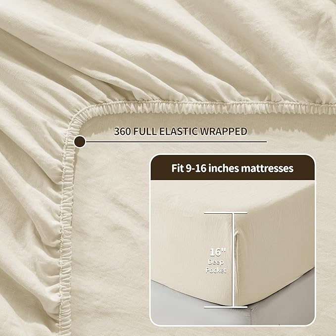 LBRO2M 100% Linen Sheet Set 16" Deep Pocket Queen Size,Bed Sheets 4 Piece Sets,Solid Color Natural Flax Bed Sheets Soft Breathable Bedding, All Season (Queen, Beige)