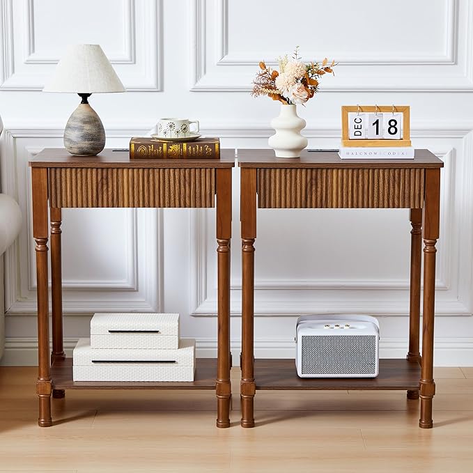 23.6” Large End Table with Charging Station, Set of 2, Modern Farmhouse Side Table Sofa Tables with Fluted Drawer, Wooden Bedside Table Night Stand for Bedroom Living Room Home Office, Walnut