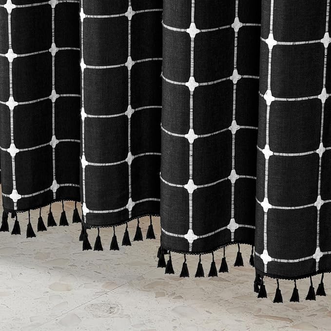 MitoVilla Boho Farmhouse Shower Curtain Set 72 x 78, Black 78 inch Long Polyester Linen Tassel Fabric Shower Curtain Set for Chic Cottagecore French Rustic Bathroom Decor