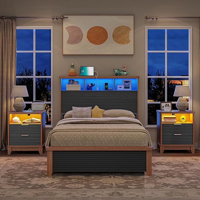 AOGLLATI Fluted Night Stand Set of 2 with Charging Station and 2 Drawers, Black Nightstands Set of 2, Beside Table with Open Storage and Led Lights, Retro End Side Table for Bedroom (2, Black)