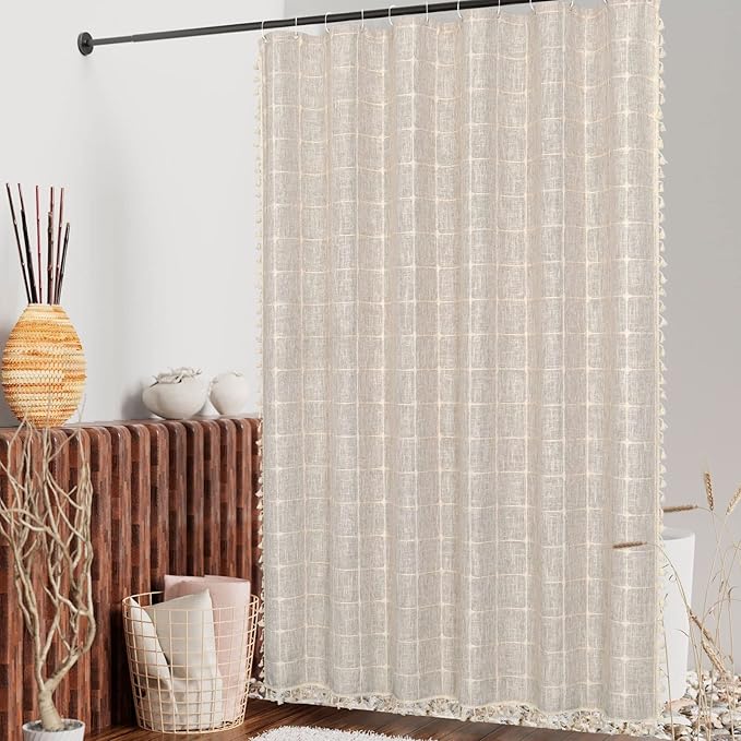 MitoVilla Grey Shower Curtain Set 72 x 78, Boho Farmhouse 78 inch Long Polyester Linen Tassel Ultra Thick Heavy Duty Fabric Shower Curtains for Chic Cottagecore French Rustic Bathroom Decor
