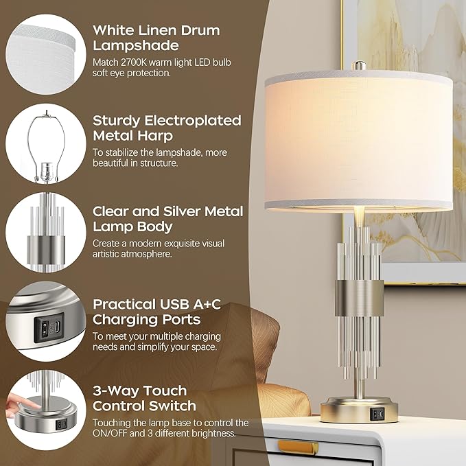 QiMH Table Lamp for Living Room,Bedside Lamp for Bedrooms Set of 2 with USB A+C Ports,3-Way Dimmable Touch Control,Modern Nightstand Lamp White Lampshade Home Decor, LED Bulb Included, Brushed Silver