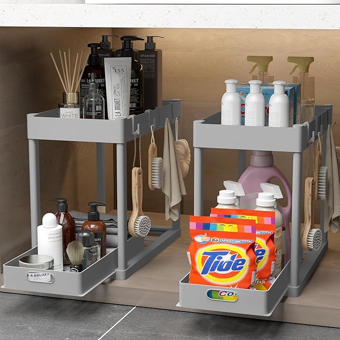 2PC Under Sink Organizer Rack 2 Tier Under Sliding Cabinet Basket Organizer Drawer with 4 Hooks, Multi-purpose Under Sink Storage for Bathroom Kitchen Desktop(Grey)