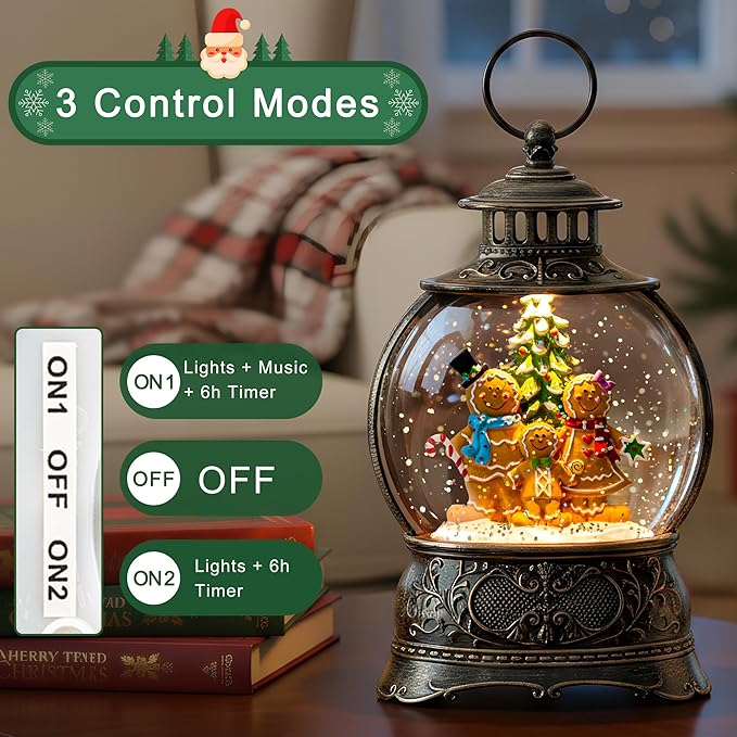 9.8" Christmas Snow Globe Water Lantern with Gingerbread Scene Battery Operated or USB Powered Musical Lighted Holiday Decoration for Tabletop Display for Family and Friends