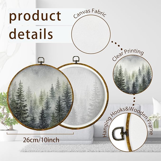 XPH Rustic Christmas Forest Tree Round Wall Art Framed, Farmhouse Winter Pine Tree Landscape Circle Wall Decor, Cozy Winter Hanging Canvas Prints for Home Bedroom Living Room Decoration, 10x10 Inch