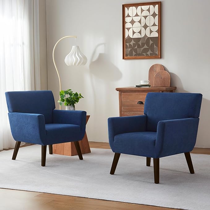 Upholstered Accent Chair,Mid Century Modern Office Fabric Small Living Room Chair with Arm,Comfy Wingback Armchair for Bedroom Reading (Blue, 2 PC)