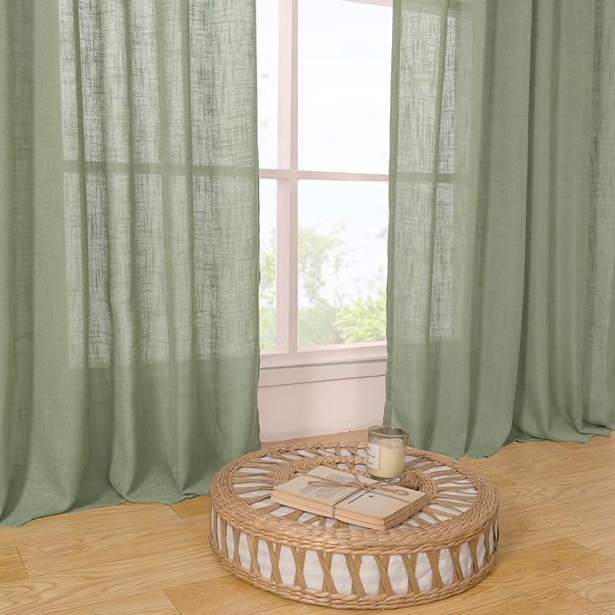 LAMIT Sage Green Linen Curtains for Living Room, 78 inch Length, Light Filtering Semi Sheer Panels with Back Tab and Rod Pocket, Christmas Panels for Bedroom/Sliding Glass Door, 52 x 78 Inch