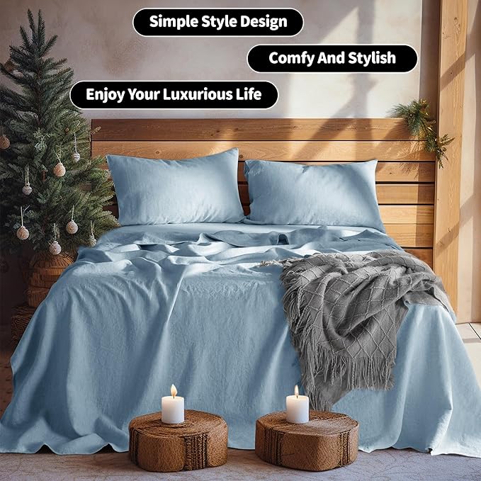 LBRO2M 100% Linen Sheet Set Full Size,Bed Sheets 4 Piece Sets,Solid Color Natural Flax Bed Sheets Soft Breathable Bedding,16" Deep Pocket,All Season (Full, Dusty Blue)