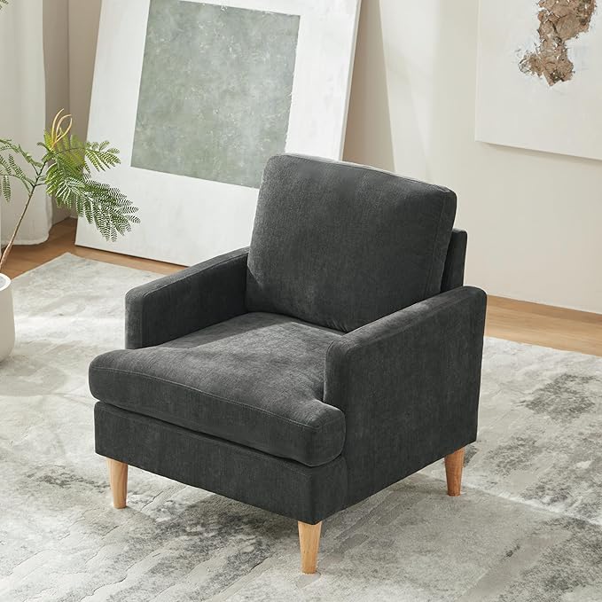 VKNOW Mid-Century Accent Chairs Set of 2, Modern Upholstered Chenille Armchair for Living Room,Comfy Reading Accent Chairs with Wood Legs for Bedroom, Dark Grey