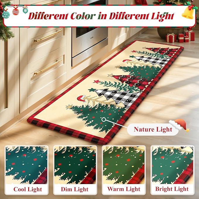 Merry Christmas Xmas Tree Kitchen Mat 2PCS, Anti-Fatigue Cushioned Waterproof Kitchen Mats for Floor Buffalo Plaid Kitchen Rug, Non Skid Comfort Standing Rugs for Laundry Office Desk Decor, Beige/Red