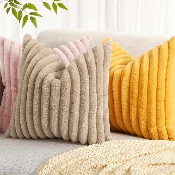 decorUhome Faux Fur Throw Pillow Covers 24x24 Set of 2, Decorative Soft Plush Striped Neutral Couch Euro Pillow Covers with Velvet Back for Sofa, Bed, Living Room Home Decor, Mustard Yellow