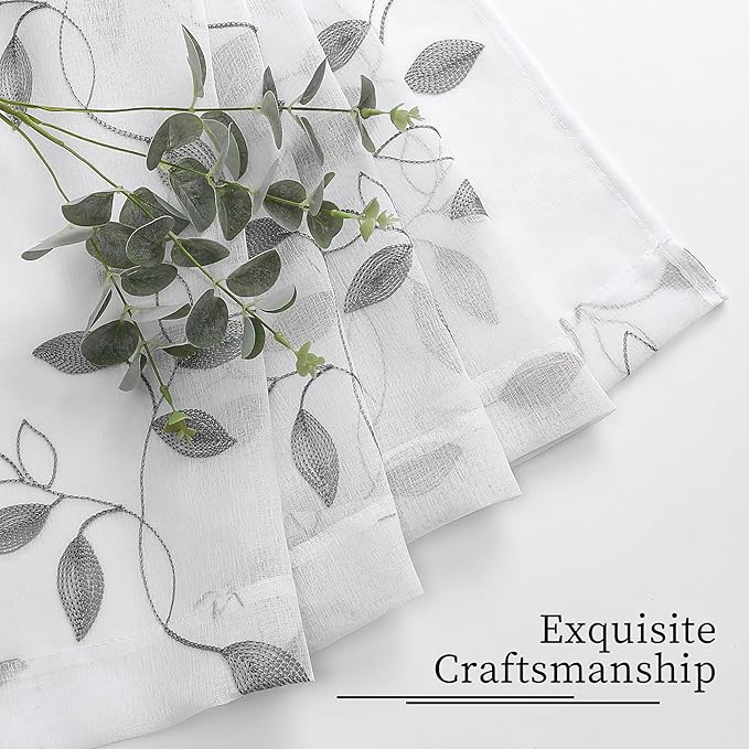 Tollpiz Grey Leaf Sheer Curtain Leaves Embroidered Bedroom Curtains Rod Pocket Voile Window Treatments for Living Room, 38 x 63 inches Long, Set of 2 Panels