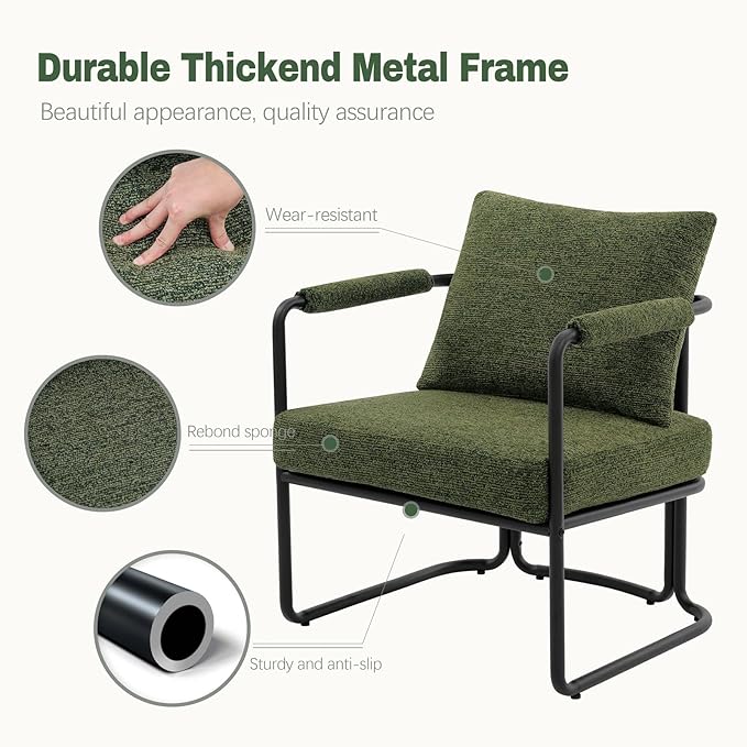 Mid-Century Modern Accent Chairs Set of 2, Comfy Upholstered Lounge Arm Chairs with Chenille Fabric for Living Room, Bedroom, Apartment, Reading Corner, Office, Green