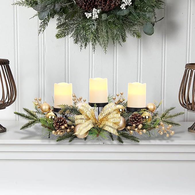 Christmas Table Centerpieces Decorations, 27.5 Inch Designed with Golden Bowknot Baubles Ornaments, Artificial Golden Berries and Pine Cones for Dining Room Table (Gold Ball)