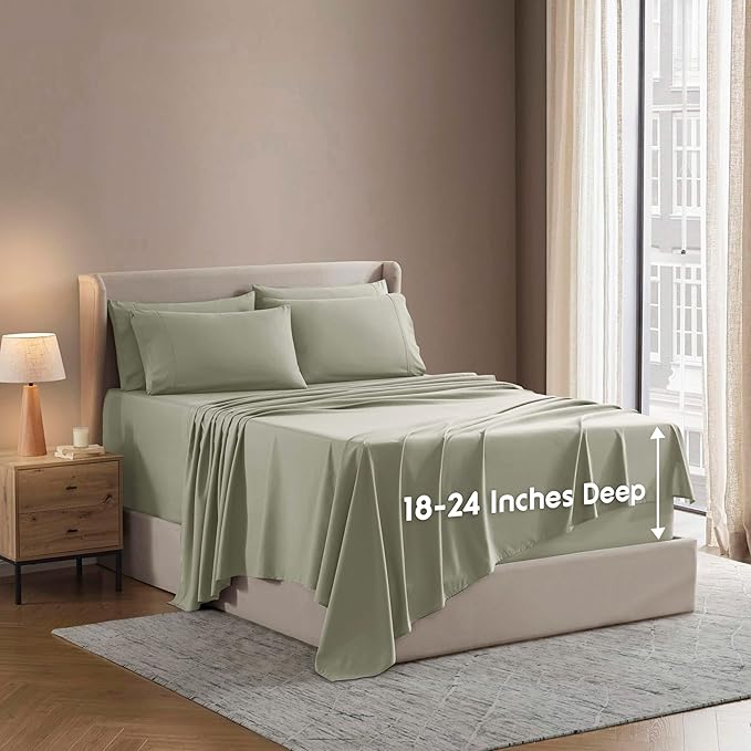 Nestl Extra Deep Full Sheet Set - 6 Piece Breathable & Cooling Sheets - Hotel Luxury Bedding Set w/18-24 Inch Deep Pockets - Easy & Secure Fit - Super Soft, Wrinkle Free & Comfy - Light Sage