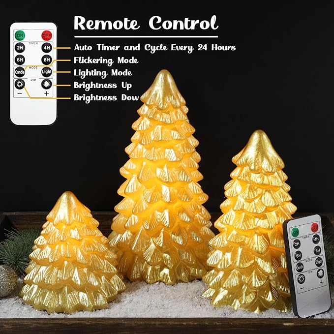 Christmas Flameless Candles Gold Christmas Tree Tabletop Flickering LED Warm Light Battery Operated Candle with Remote Lighted Xmas Tree Figurines for Fireplace Home Decor Indoor Holiday Gifts