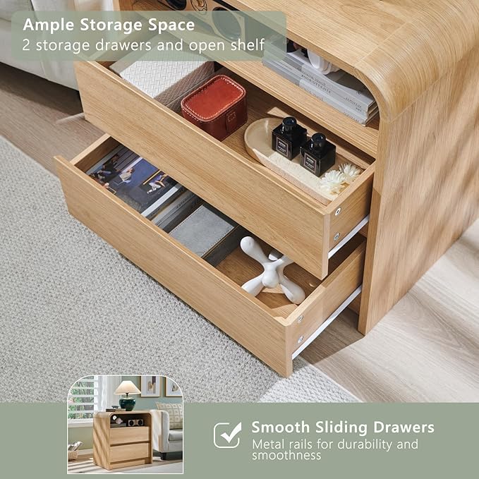 25" Tall Modern Nightstand with Charging Station, 23.6'' Wide Wood Bedside Table w/2 Storage Drawers, Large Mid Century End Table for Bedroom, Living Room, Curved Profile Design,Natural Oak