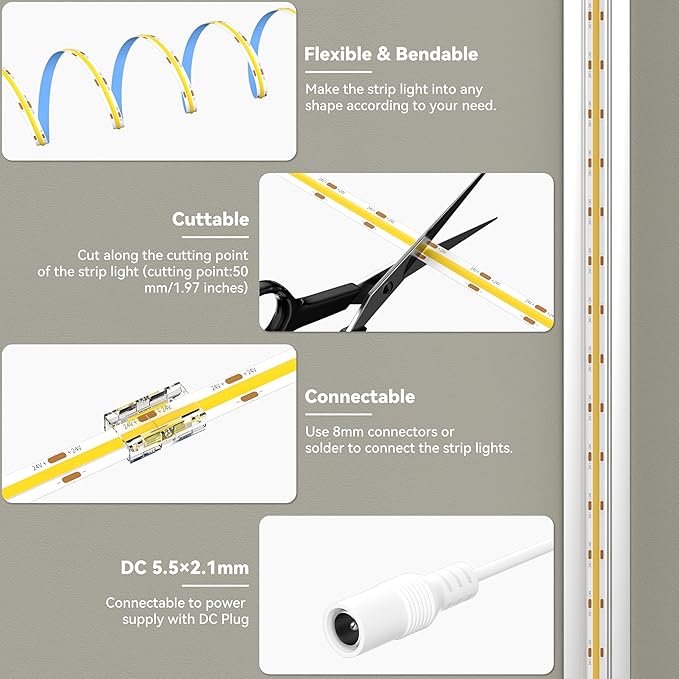 MIWISE COB LED Strip 32.8ft/10m,CRI 90+ Warm White 3000K High Lumen Super Bright Flexible DC24V LED Tape Light,for Cabinet Home Office DIY Lighting Projects(Adapter&Controller NOT Included)