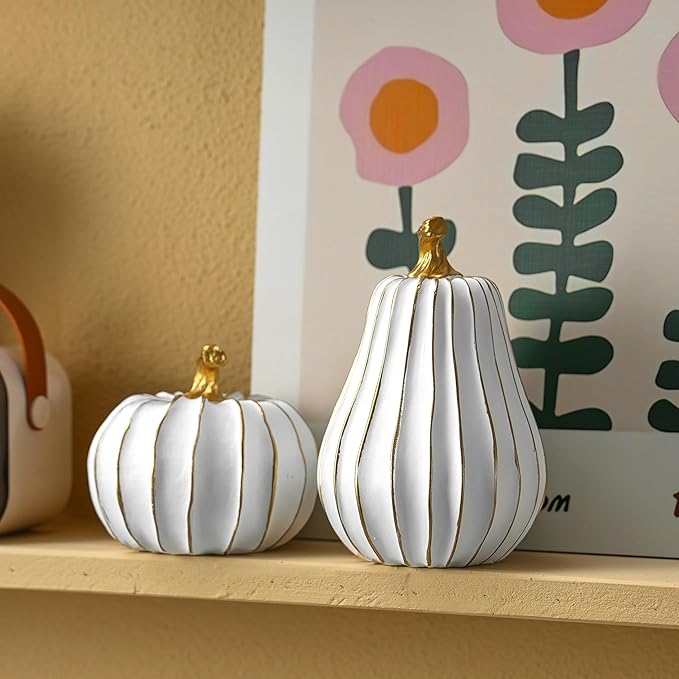 Pumpkin Fall Decor, White and Gold Pumpkins for Decorating Thanksgiving Table Centerpieces, Artificial Resin Pumpkins Decor for Mantel, Harvest Autumn Tabletop Decoration