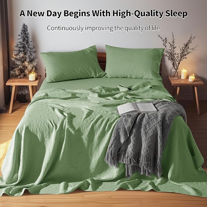 LBRO2M 100% Linen Sheet Set California King Size,Bed Sheets 4 Piece Sets,Solid Color Natural Flax Bed Sheets Soft Breathable Bedding,16" Deep Pocket,All Season (Clifornia King, Green)