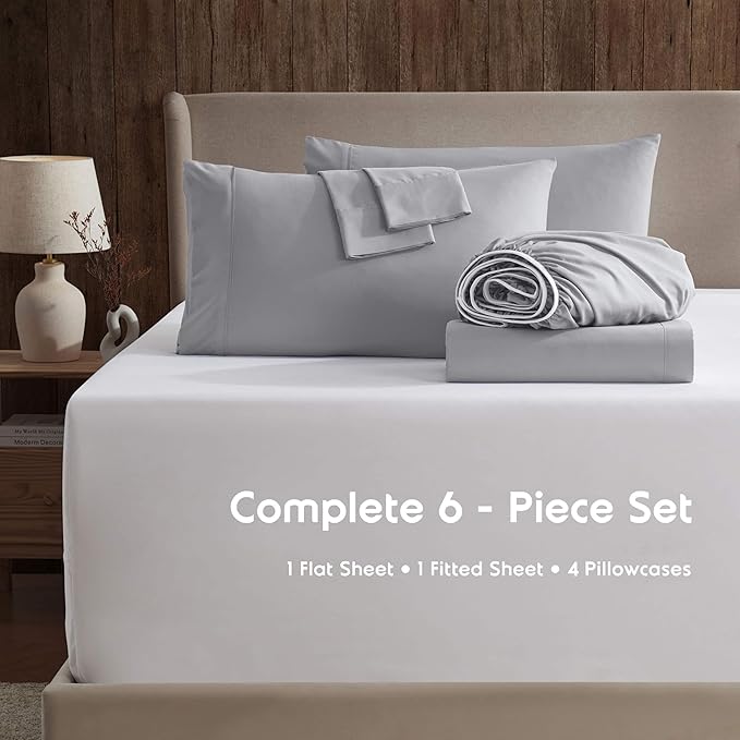 Nestl Extra Deep Full Sheet Set - 6 Piece Breathable & Cooling Sheets - Hotel Luxury Bedding Set w/18-24 Inch Deep Pockets - Easy & Secure Fit - Super Soft, Wrinkle Free & Comfy - Grey