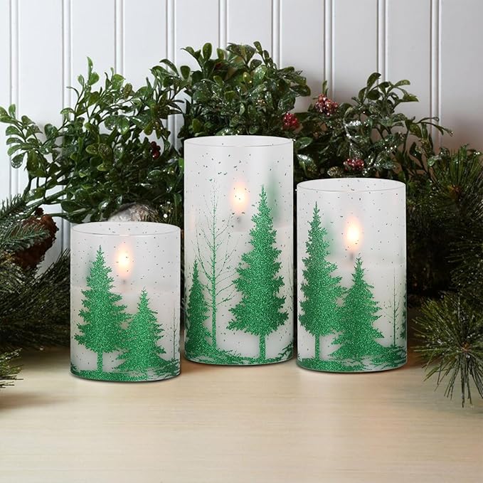 DRomance Christmas Tree Glass Flameless Candles with Remote Timer Battery Operated Real Wax 3D Wick LED Flickering Pillar Candles Christmas Holiday Decor(Green, 3 x 4,5,6 Inch)