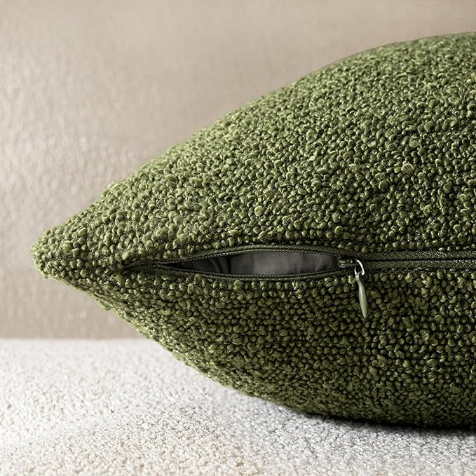 Woaboy Pack of 2 18x18 Inch Decorative Boucle Throw Pillow Covers Textured Square Pillowcaes Accent Solid Cozy Soft Cushion Covers Home Decor for Sofa Couch Living Room Home Decor,Olive Green