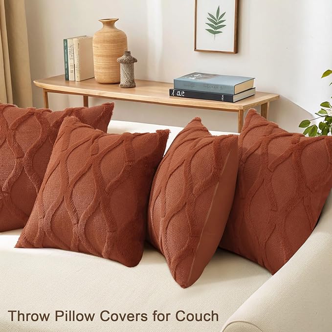 decorUhome Set of 4 Rust Throw Pillow Covers 16x16 Inch, Neutral Decorative Soft Plush Faux Wool Couch Pillow Covers, Farmhouse Pillow Cases for Living Room Bed Sofa