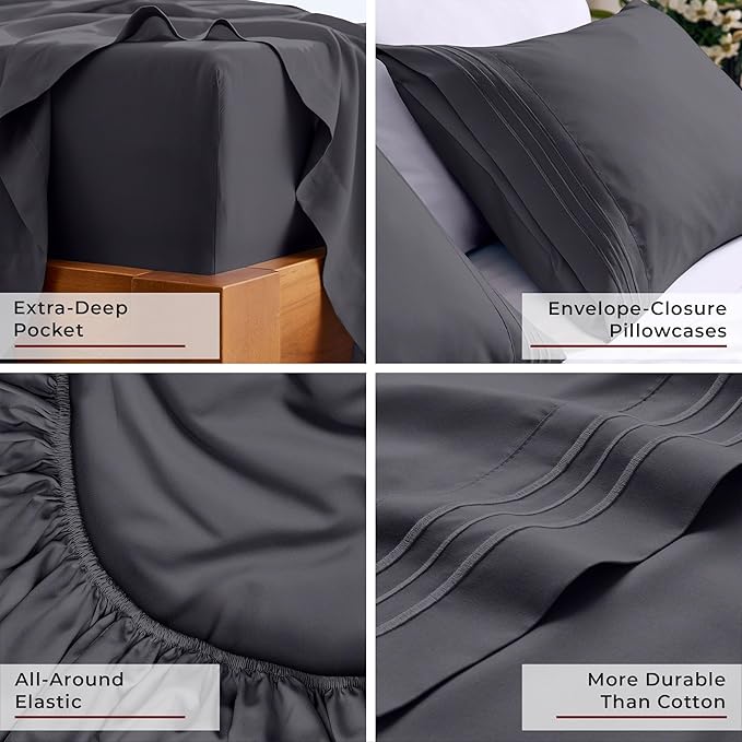 Mellanni Split King Sheets Set - 5 PC Iconic Collection Bedding - Hotel Luxury, Extra Soft, Cooling Bed Sheets - Wrinkle, Fade, Stain Resistant (Split King, Charcoal)