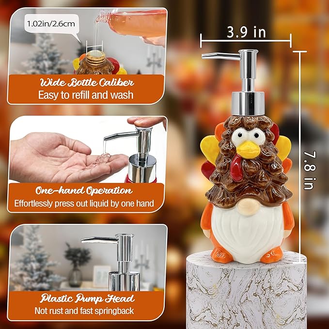 Hexagram Thanksgiving Decorations Indoor, Thanksgiving Kitchen Bathroom Soap Dispenser, Turkey Ceramic Soap Dispenser for Home Decor, Turkey Refillable Lotion Essential Oil Dispensers with Pump