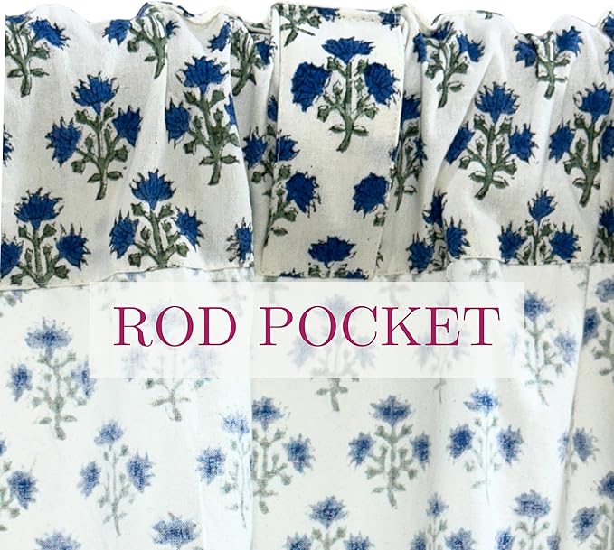 ATOSII 100% Cotton Single Panel Floral Block Print Curtain, Easy Hanging with Rod Pocket & Loop, Living Room, Dining Room, Bedroom Light Filtering Boho Curtains, Set of 1, 60"W X 84"L, Gulbahar Blue