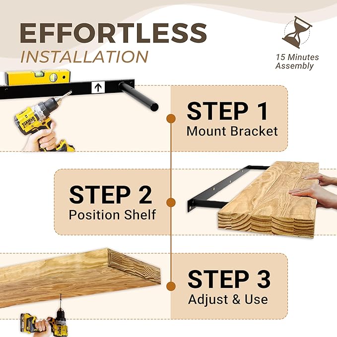 24'' Pine Wood Floating Shelves for Wall- Set of 2 - Rustic Wall Mounted Wooden Shelf for Stylish Home Dรฉcor - Natural Color - 24x6.5x1.25 Inches, 2pcs