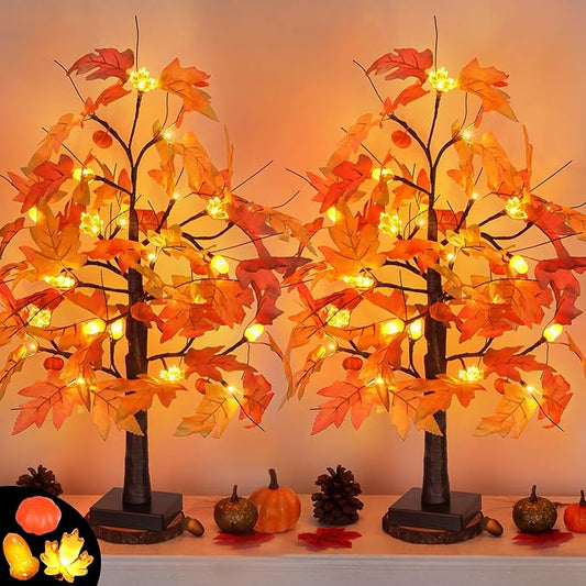 2 Pack 24 Inch Fall Maple Tree with 48LED Battery Operated Lighted Tabletop Artificial Tree with Pumpkin Acorn Maple Fall Centerpieces Indoor Fall Decorations for Home Thanksgiving Table Decorations