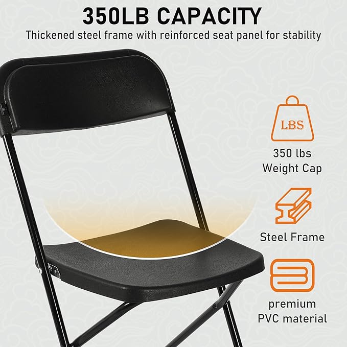 SEALAMB 6 Pack Black Plastic Folding Chairs for Indoor Outdoor, Portable Commercial Seat with Steel Frame for Home Office Wedding Party Events, 350lb Capacity (Black-Plastic, 6 Pack)