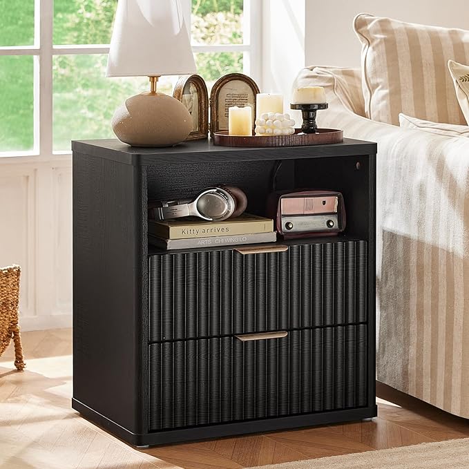 LEYAOYAO Fluted Nightstand with Charging Station, 23" Wide 2 Drawers End Table,Black Night Stand with Open Storage Cabinet, Farmhouse Bed Side Tables, Wood Dresser for Bedroom, Living Room, Closet