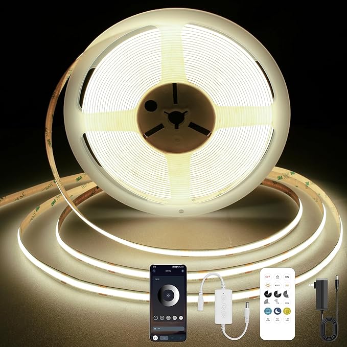 COB LED Strip Light 4000K, 24ft Dimmable Natural White LED Strip Light, CRI92+, DC24V Tape Light with RF Remote, Timer Function, Bluetooth App Control for Home Bedroom Kitchen DIY Lighting.