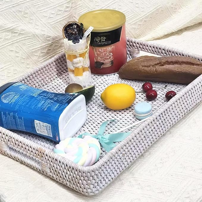 i-lan 17" Handwoven White Washed Natural Rattan Ottoman Serving Tray with Handles-Decorative Wash White Rectangular Wicker Basket Storage Platter for Fruits,Drinks and Table Things