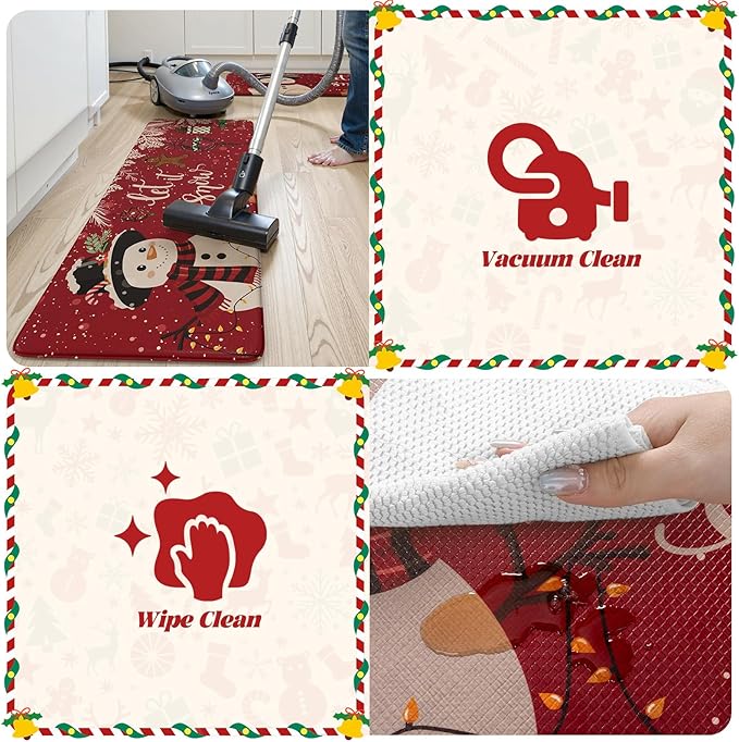 Christmas Snowman Anti Fatigue Mats for Kitchen Floor, Red Winter Xmas Tree Cushioned Kitchen Rugs Sets of 2, Waterproof Non Slip Sink Rug Comfort Standing Mat for Holiday Decor 17x30+17x47 inch