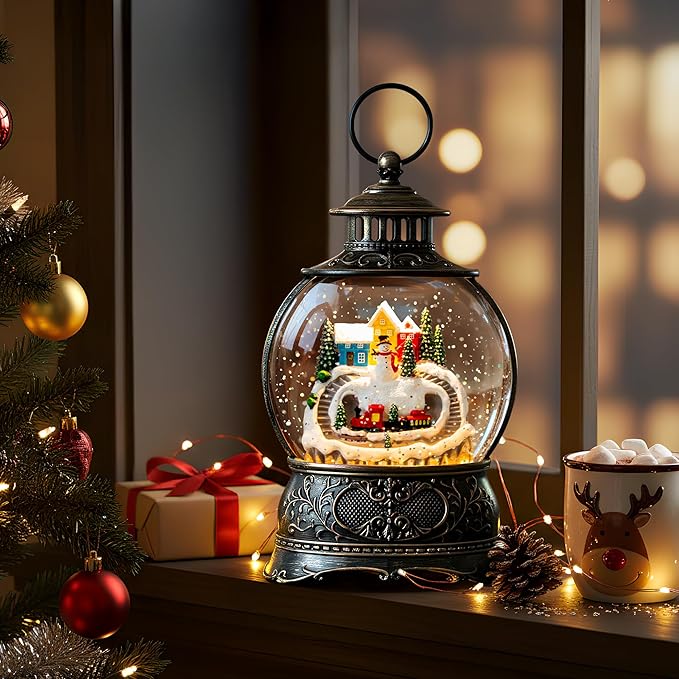 9.8" Christmas Snow Globe Water Lantern with Snowman and Train Scene Battery Operated or USB Powered Musical Lighted Holiday Decoration for Tabletop Display for Family and Friends