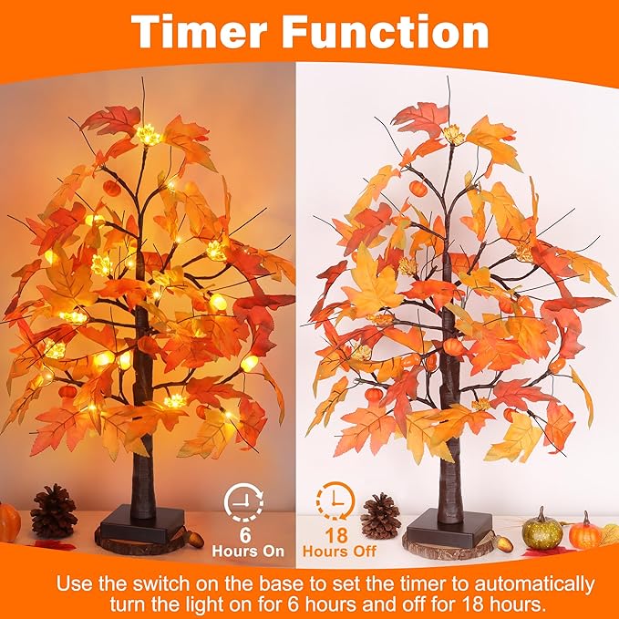 2 Pack 24 Inch Fall Maple Tree with 48LED Battery Operated Lighted Tabletop Artificial Tree with Pumpkin Acorn Maple Fall Centerpieces Indoor Fall Decorations for Home Thanksgiving Table Decorations