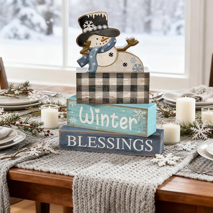 4 Pcs Christmas Table Decorations Winter Tiered Tray Decor Playful Snowman Decor Indoor Rustic Wooden Decorative Snowman Block Sign Gift Snowflake Centerpiece Farmhouse Xmas Signs for Kitchen