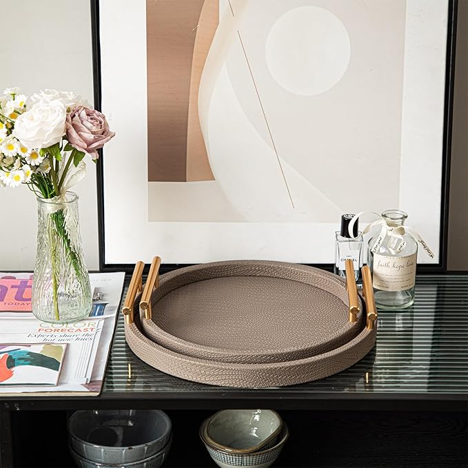 2 Piece Coffee Brown Round Serving Tray with Handles, Woven-Texture Faux Leather Ottoman Tray for Living Room, Decorative Tray for Coffee Table Home Decor