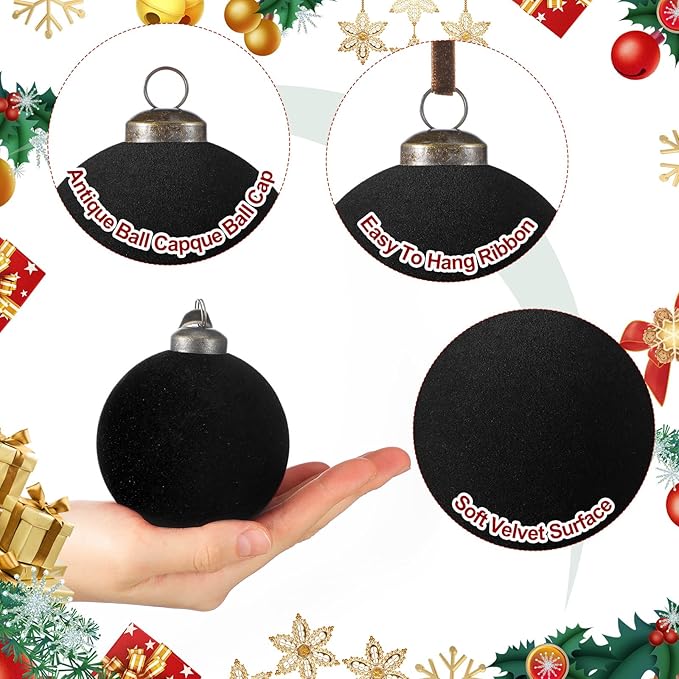 36 Pcs Velvet Christmas Balls Bulk - Flocked Christmas Tree Ball Ornaments Hanging Decoration for Xmas Tree, Wreath, Home or Party Decorations, 2.36", 2.76", 3.15"(Black)